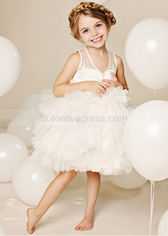 Ivory Lace Tulle Tiered Flower Girl Dress With Blush Pink Sash